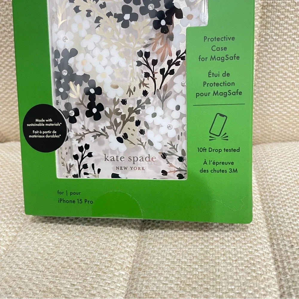 NEW Kate Spade New York iPhone 15 Pro‎ MagSafe Case Floral Crystal Black Gold